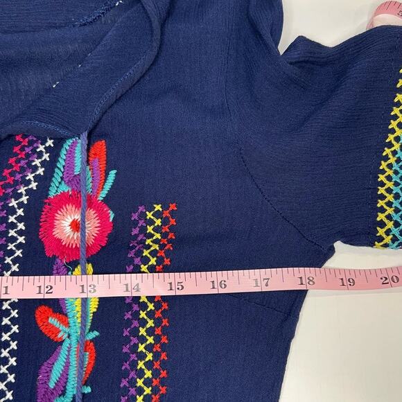 BOHO BLOSSOM MAXI CREPE Linen Blend Gauzy DRESS NAVY Floral EMBROIDERY Medium - Picture 12 of 13